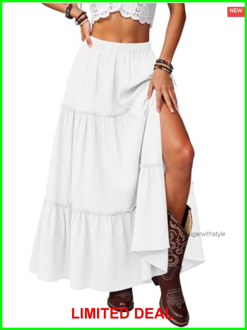 Women's Tiered Maxi Skirt with Side Slit and Pockets Flowy Boho A-Line